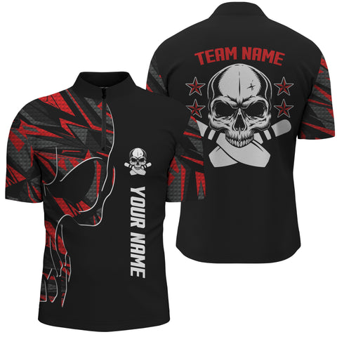 Bowling Quarter Zip shirt for men custom name and team name Skull Bowling, team bowling shirts | Red NQS4553