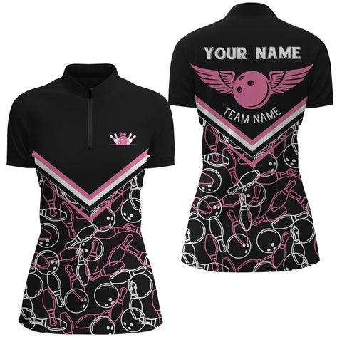 Personalized 3D bowling shirts for women, Custom pink Quarter Zip Bowling Shirts for Girls NQS4555