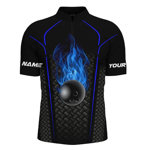 Bowling Shirt For men custom Quarter Zip Bowling Jersey 3D Bowling Team Shirt For men | Black Blue NQS5143