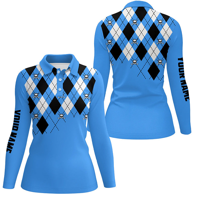 Womens golf polo shirt plus size blue argyle plaid golf skull