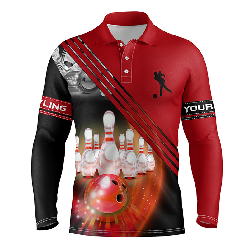 Myfihu Custom Bowling Shirts for Men Bowling Ball and Pins Team Shirt, Custom Bowling Jerseys | Red NQS4452, Long Sleeve Polo Shirt / 5XL