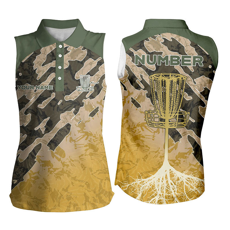 Customized Disc Golf Womens Sleeveless Polo Shirt Camo Forest Tribal Green Yellow Golf Gift For Women LDT0842