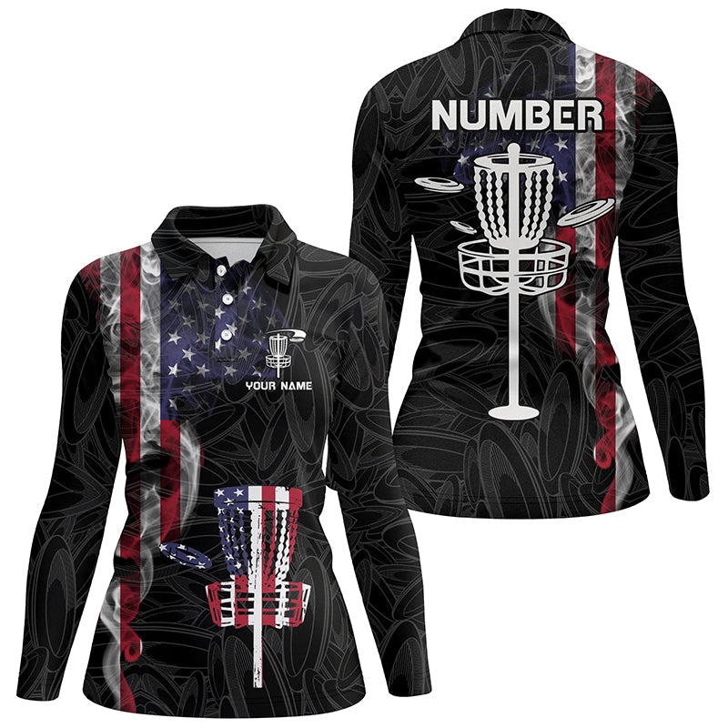 Smoky American Flag Womens Disc Golf Shirt Custom Patriotic Disc Golf Tops For Women Disc Golf Basket LDT1036