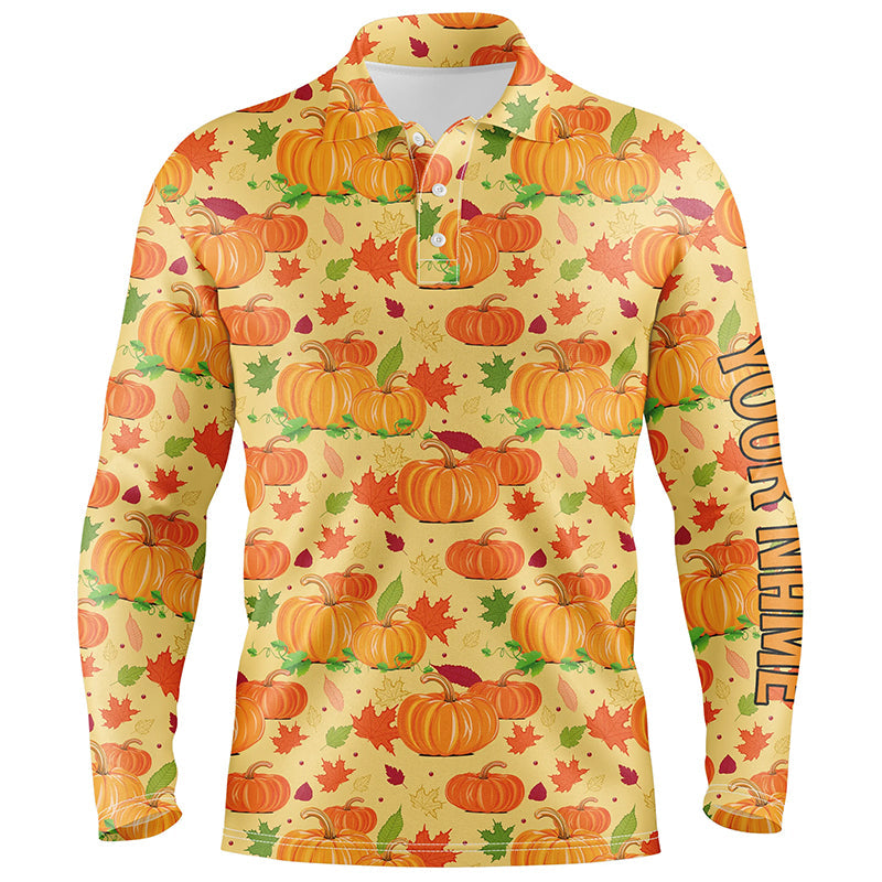 Happy Thanksgiving Day Mens Golf Polo Shirt Orange Pumpkins Falling Leaves Golf Shirts For Men LDT0845
