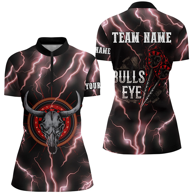 Red Lightning Bull Skull Darts Quarter Zip Shirt Bulls Eye Darts Jersey For Women LDT0864