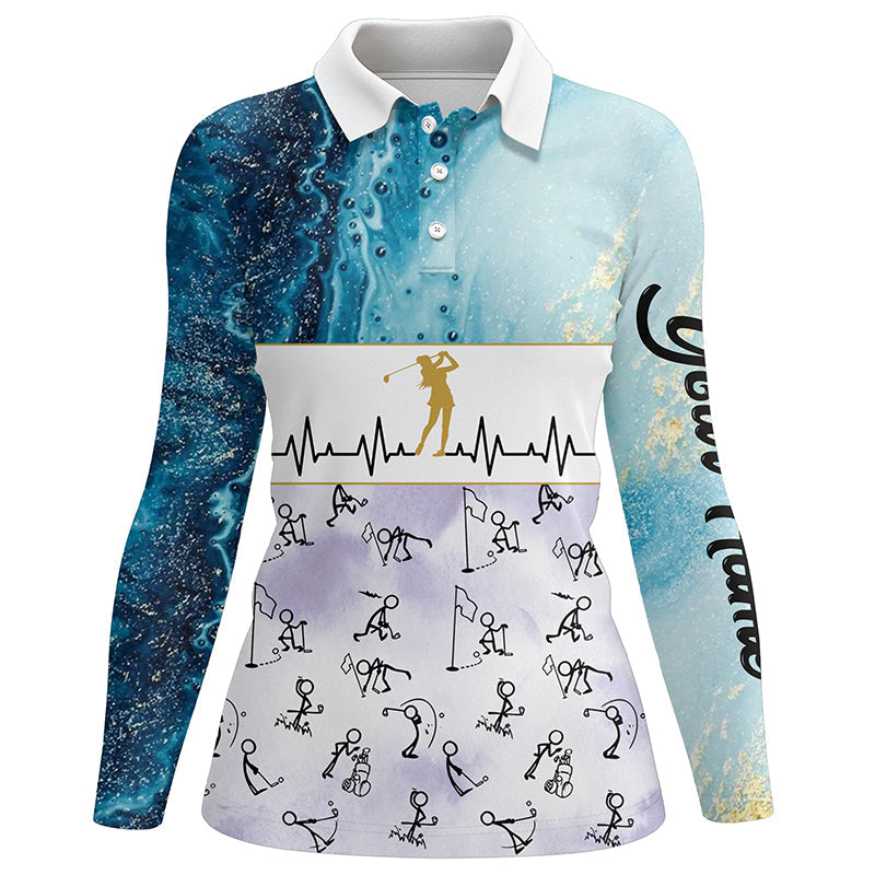 Custom Stick Figures Playing Golf Blue Marble Heartbeat Golf Shirts For Women Golf Gifts LDT0385