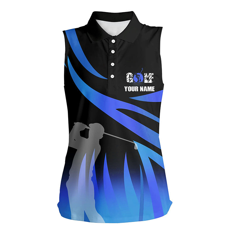 Golf In Passion Black Blue Flame Womens Sleeveless Polo Shirt Personalized Cool Golf Shirts For Women LDT0962