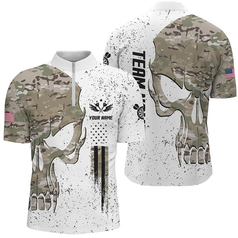 Grunge Camo Skull American Flag Darts Quarter Zip Shirt Custom Patriotic Mens Dart Jerseys LDT1450