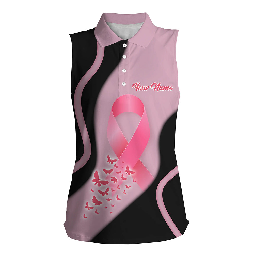 Black Pink Butterfly Custom Womens Sleeveless Golf Shirt Breast Cancer Awareness Golf Tops For Ladies LDT0248
