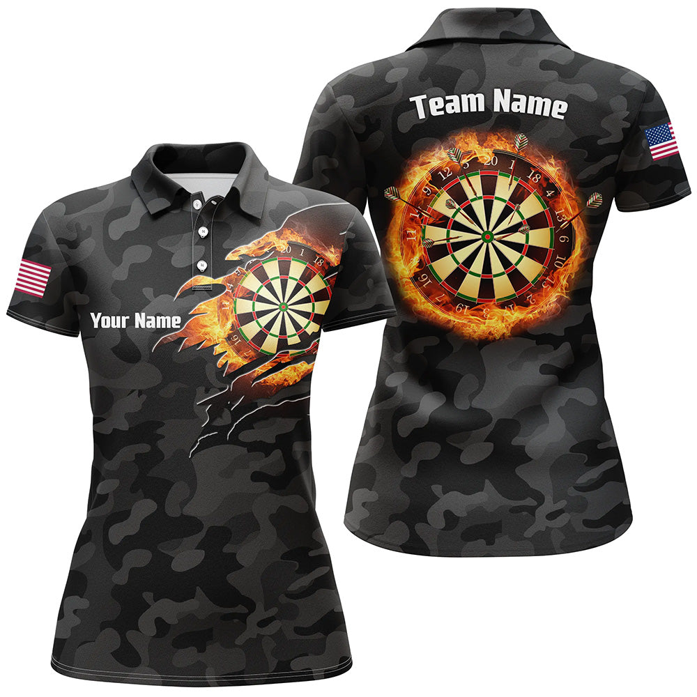 Personalized Basic Black Camo Flame Dartboard Polo Shirt Custom Dart Jersey For Women LDT0356