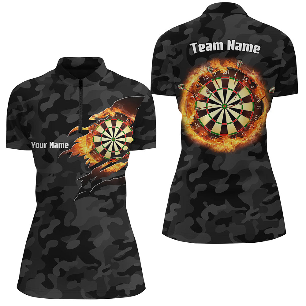 Personalized Black Camo Flame Dartboard Quarter Zip Shirt Custom Dart Jersey For Women LDT0356