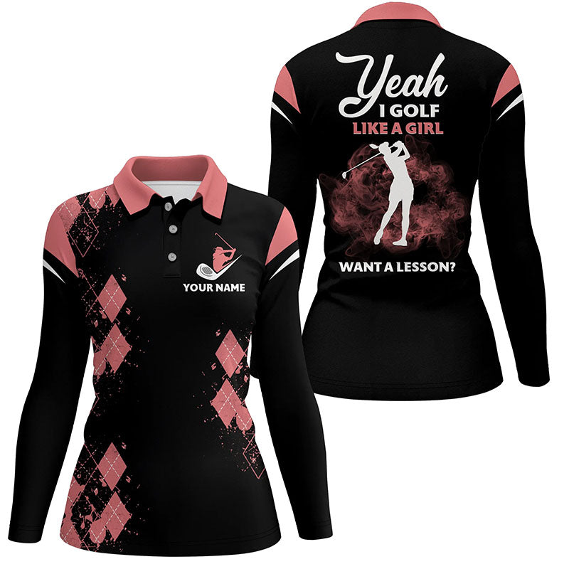 Pink Argyle Women Polo Golf Shirts, Yeah I Golf Like A Girl Womens