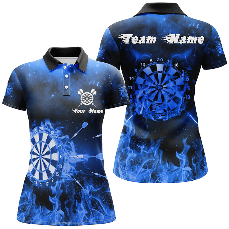 Personalized Womens Darts Polo Shirt Blue Fire Flame Custom Dart Jerse Myfihu 9935