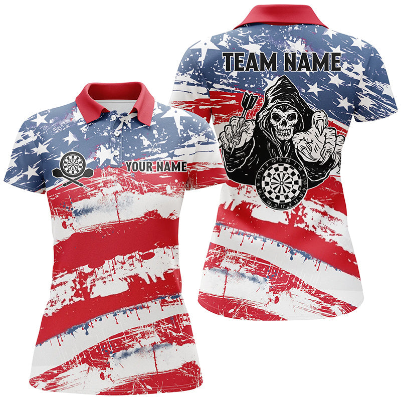 Retro American Flag Skull Darts Women Polo Shirt Custom Patriotic Darts Jersey For Women LDT0863