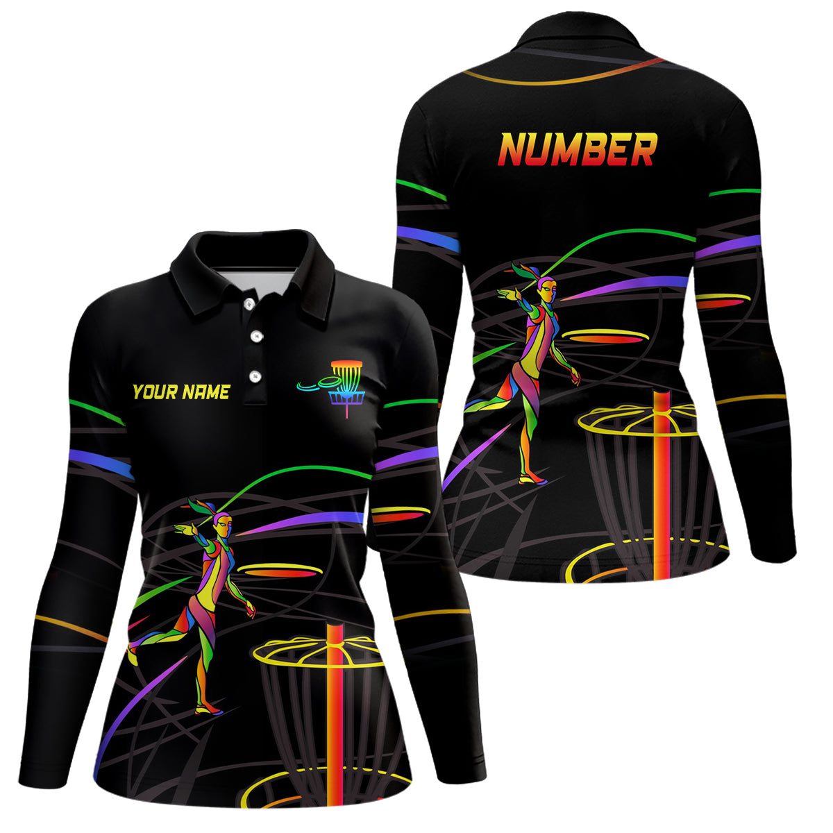 Rainbow Women Disc Golf Polo Shirt Custom Number Disc Golf Basket Personalized Disc Golf Tops LDT1014