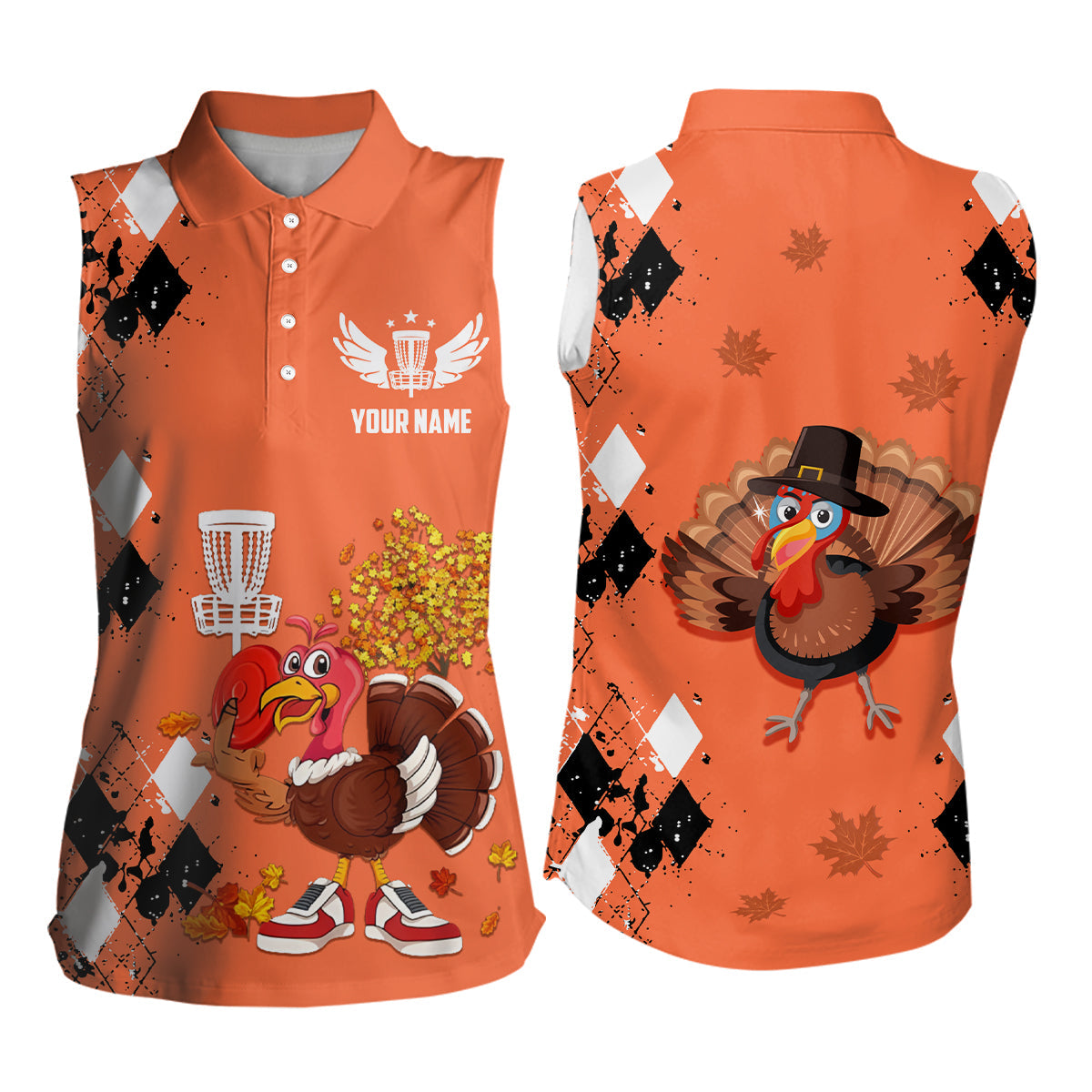 Turkey Bird Thanksgiving Disc Golf Womens Sleeveless Polo Argyle Orange Custom Women Disc Golf Tops LDT0872