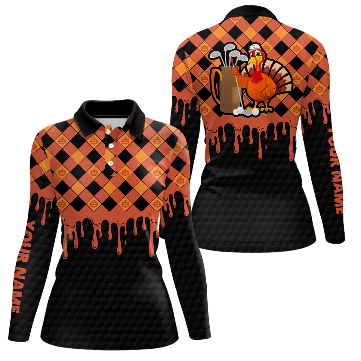 Golf Turkey Thanksgiving Golf Polo Shirt Orange Pumpkin Custom Golf Tops For Women Golf Gifts LDT0874