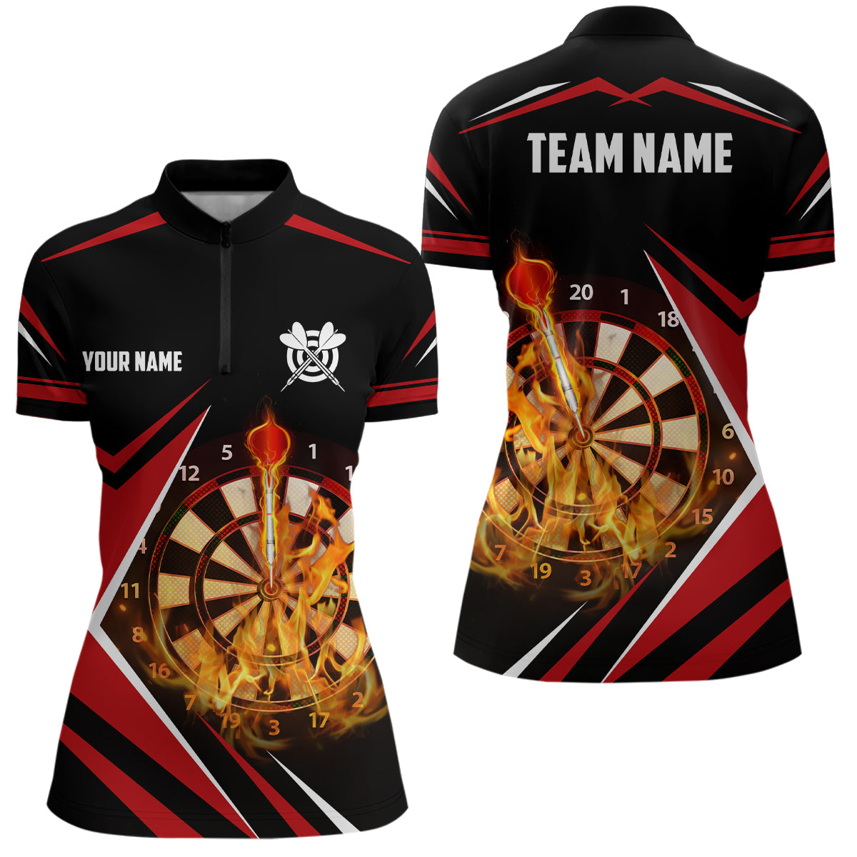 Black Red Fire Flame Darts Quarter Zip Shirt Custom Darts Shirt For Women Dart Jerseys LDT1388