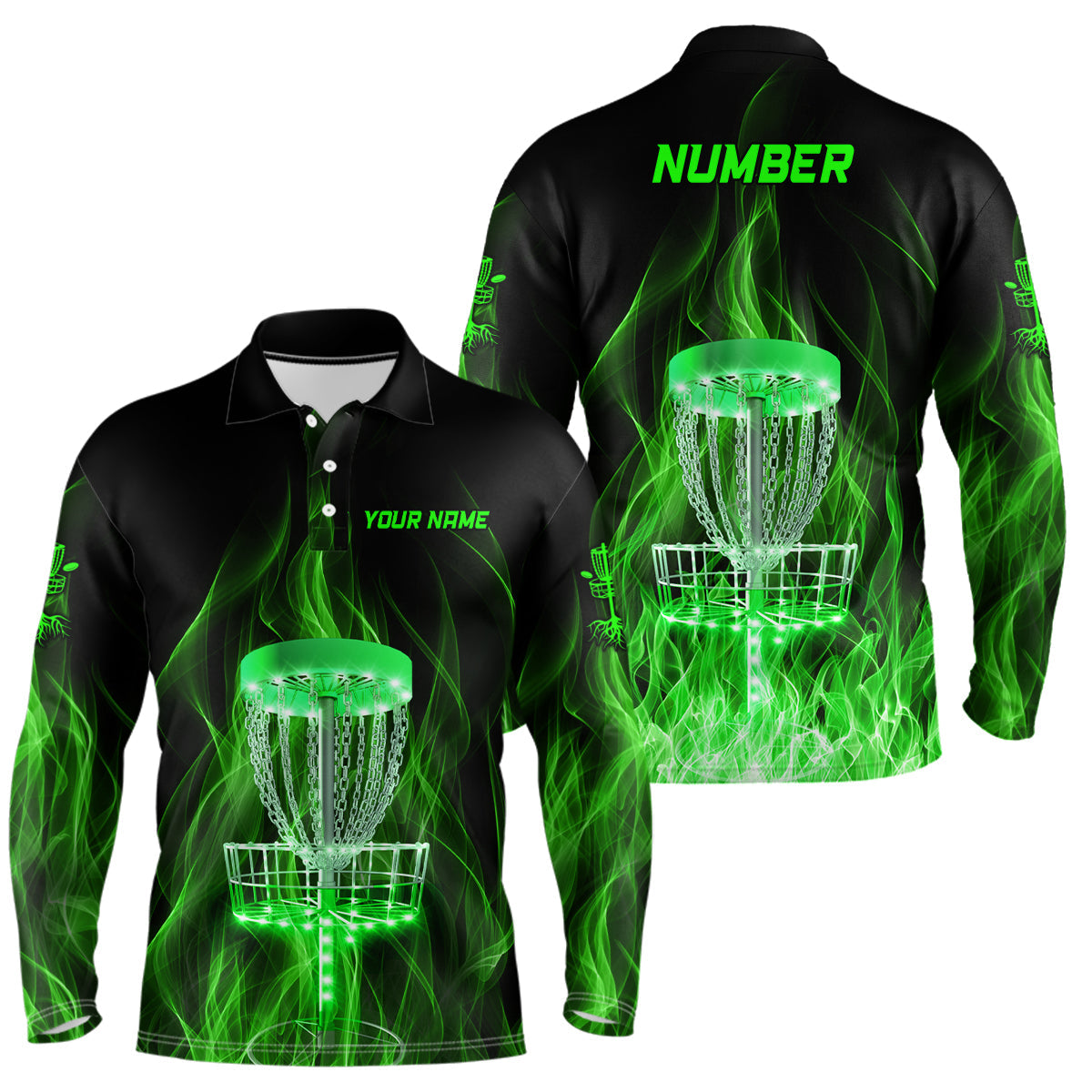 Green Fire Flame Disc Golf Basket Mens Polo Shirts Custom Disc Golf Shirts For Men Golf Gifts LDT1403