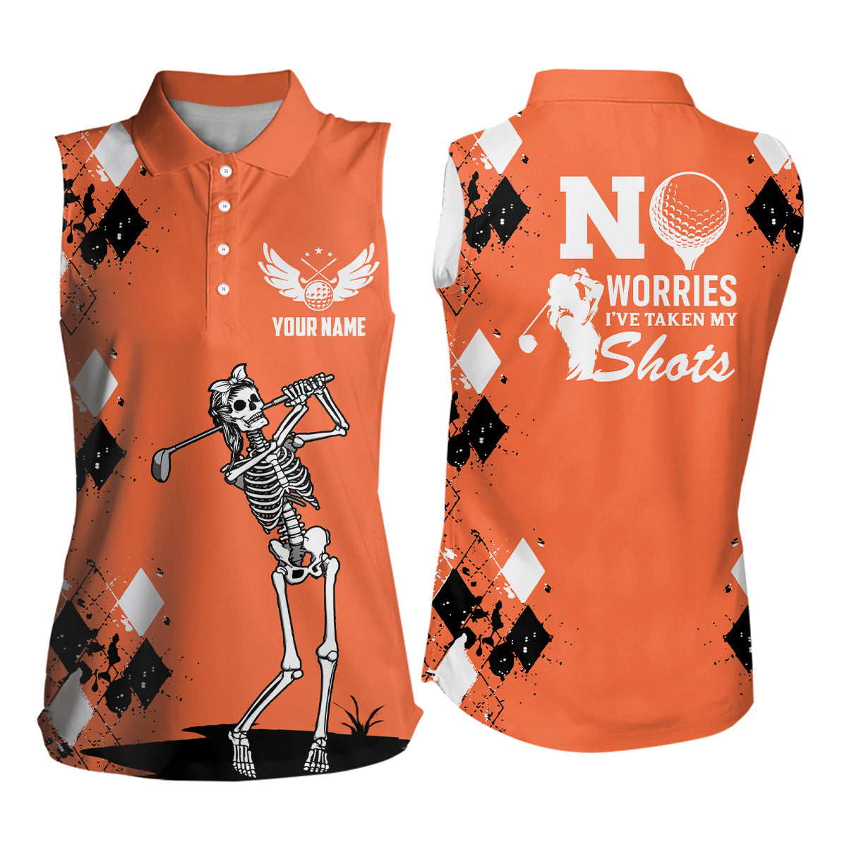 Skull Womens Sleeveless Polo Shirt Argyle Pattern Orange Golf Shirts F