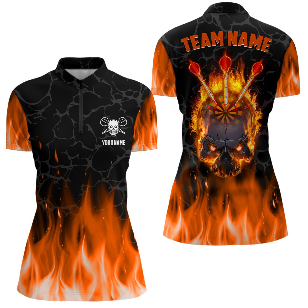 Orange Flame Skull Darts Quarter Zip Shirt Custom Scary Darts Shirt Fo Myfihu 7700