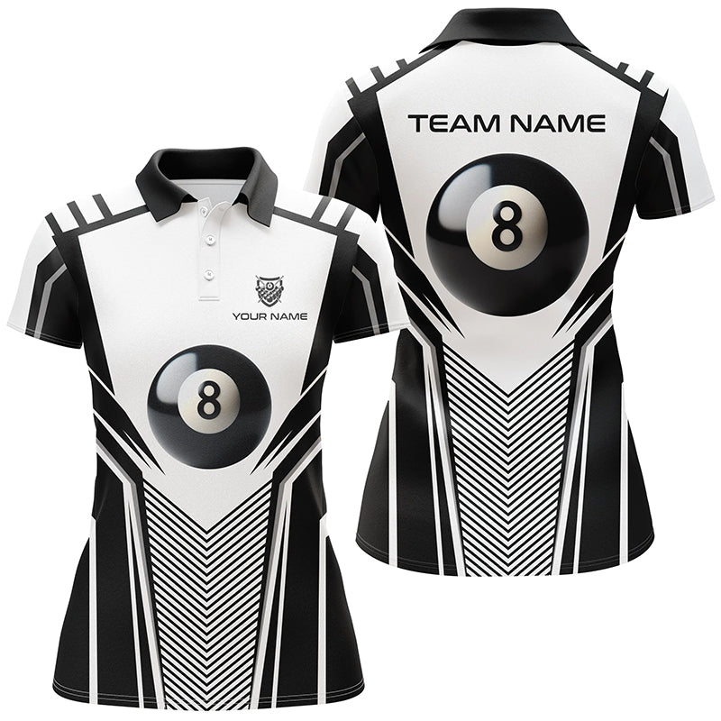 Personalized White Black 8 Ball Billiard 3D Polo Shirts For Women, Custom Pool Billiard Balls Jerseys VHM1036
