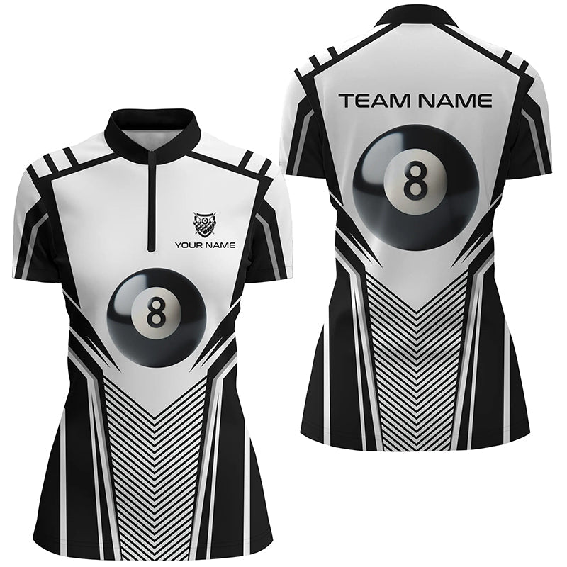 Personalized White Black 8 Ball Billiard 3D Quarter-Zip Shirts For Women, Pool Billiard Balls Jerseys VHM1036