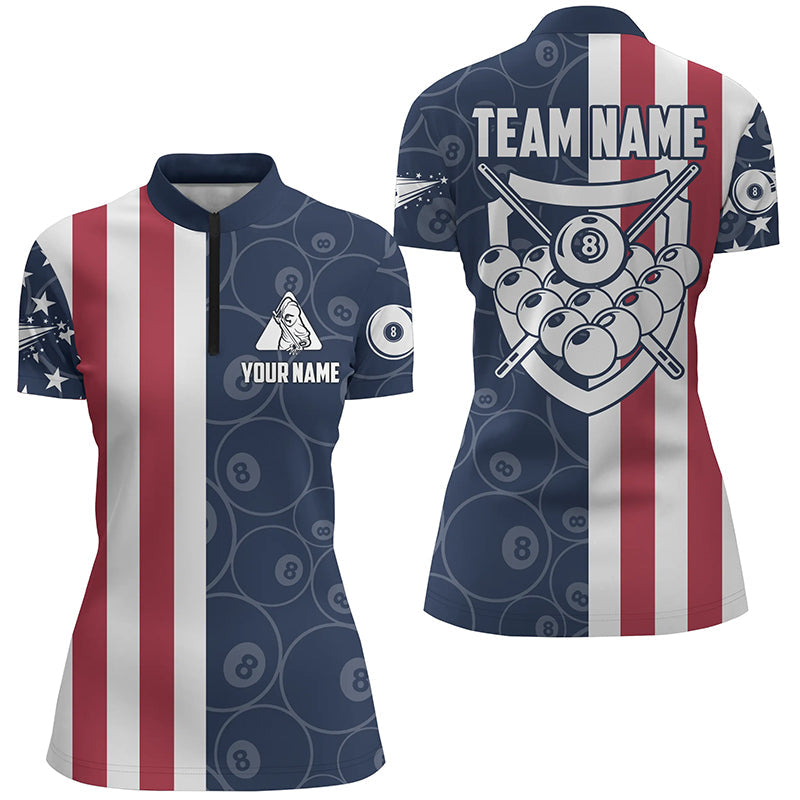 Personalized US Flag 8 Ball Pattern Billiard Quarter-Zip Shirts For Women, Custom Billiards Jerseys VHM0464