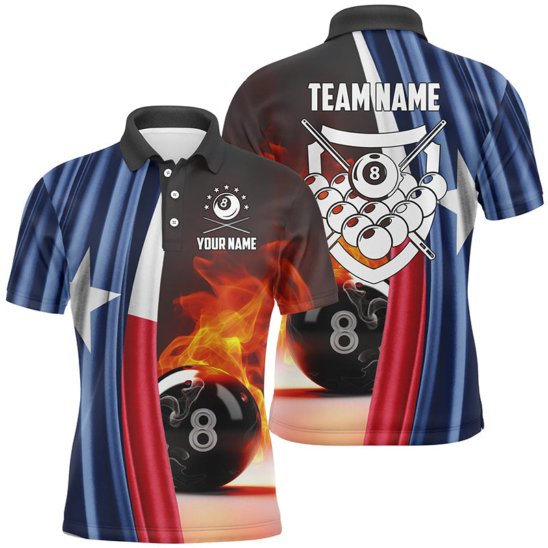 Personalized Fire 8 Ball Pool Billiard 3D Polo Shirts For Men, Custom Texas Flag Billiards Jerseys VHM0691