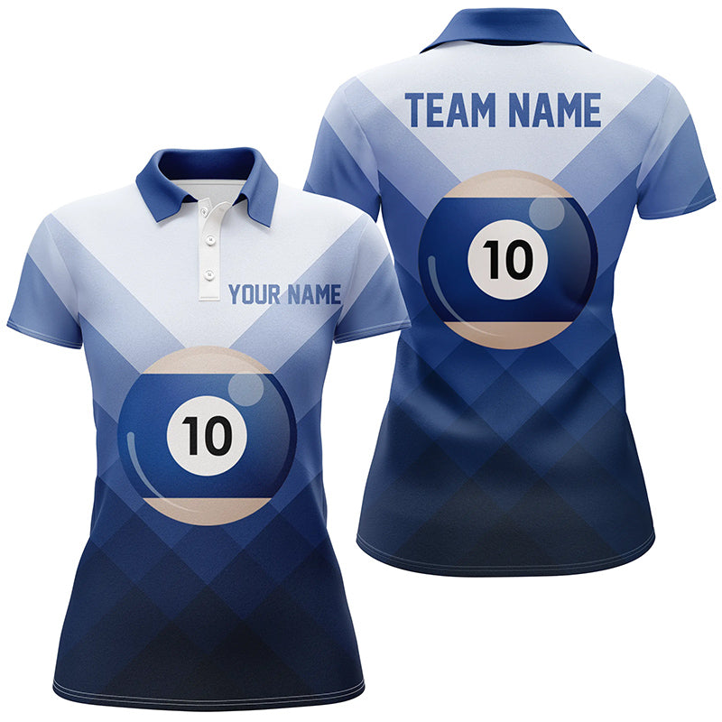 Personalized Blue 10 Ball Billiard 3D Polo Shirts For Women, Custom 10 Ball Pool Billiards Jerseys VHM0960