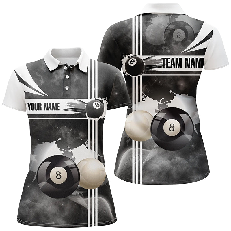 Personalized 8 Ball Pool Black White Billiard 3D Polo Shirts For Women, Custom Pool Balls Jerseys VHM0559