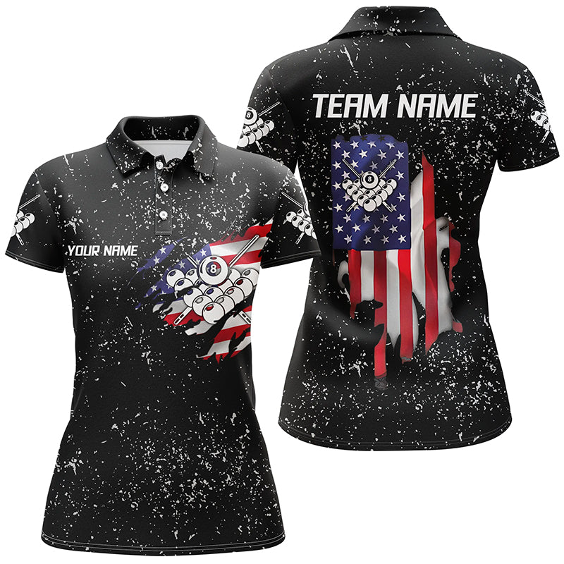 Personalzied US Flag 8 Ball Pool Black Grunge 3D Polo Shirts For Women, Custom Billiards Jerseys VHM0378