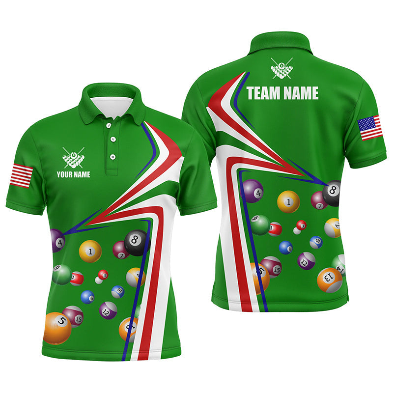 Personalized US Flag Billiard Balls Green 3D Polo Shirts For Men, Custom 8 Ball Pool Jerseys VHM0408