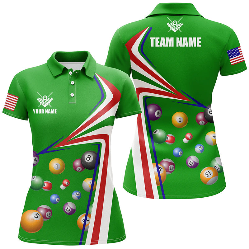 Personalized US Flag Billiard Balls Green 3D Polo Shirts For Women, Custom 8 Ball Pool Jerseys VHM0408