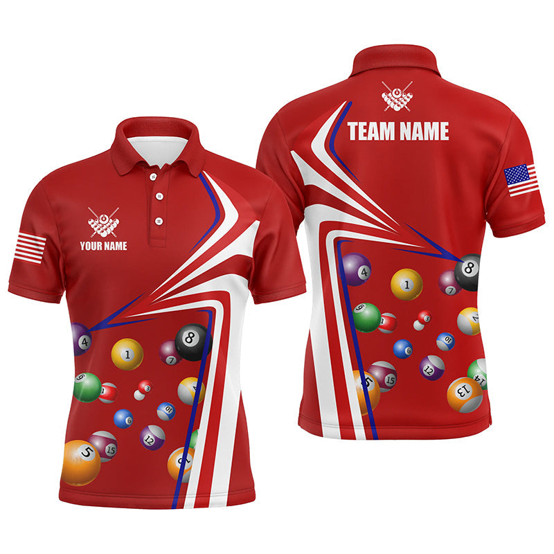Personalized US Flag Billiard Balls Red 3D Polo Shirts For Men, Custom 8 Ball Pool Jerseys VHM0410