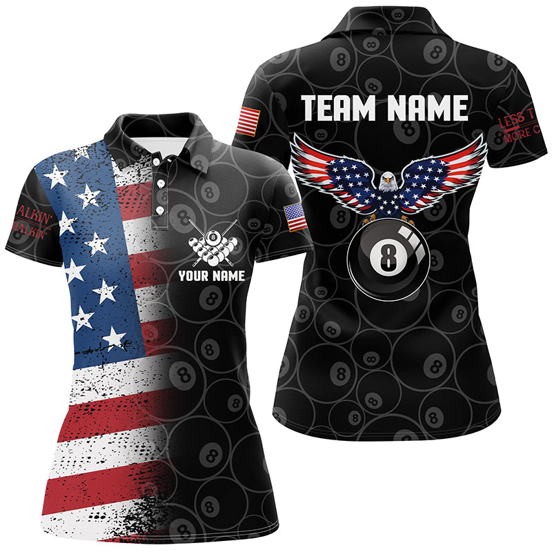 Personalized US Flag Eagle 8 Ball Pattern Billiard 3D Polo Shirts For Women, Custom Billiards Jerseys VHM0456