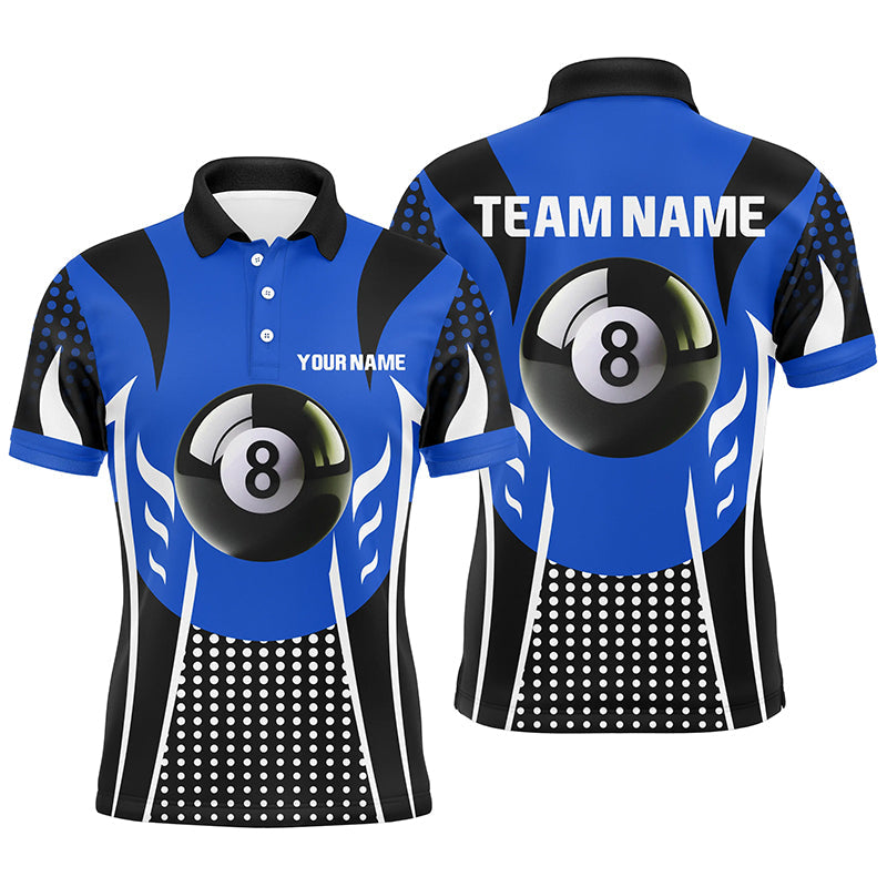 Personalized Blue Black 8 Ball Billiard 3D Polo Shirts For Men, Custom Billiard 8 Ball Pool Jerseys VHM1038
