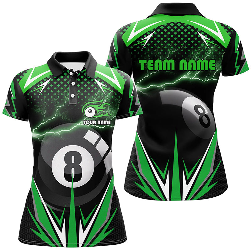 Personalized Billiard 8 Ball Pool Thunder Green Polo Shirts For Women, Custom Billiards 3D Shirts VHM0714