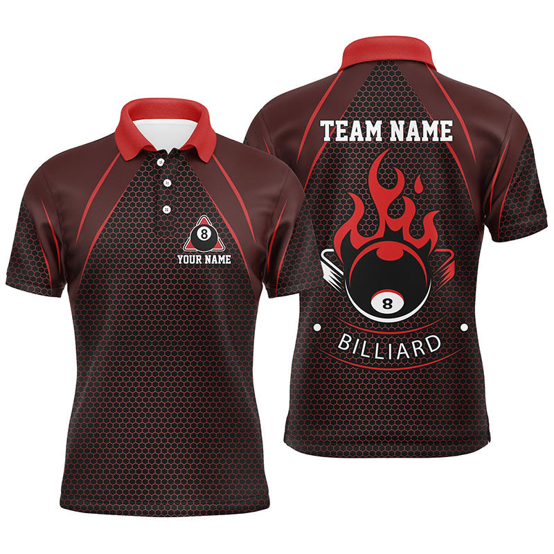Personalized Red Fire 8 Ball Pool Polo Shirts For Men, Custom Flame 8 Ball Billiard Team Shirts VHM0727