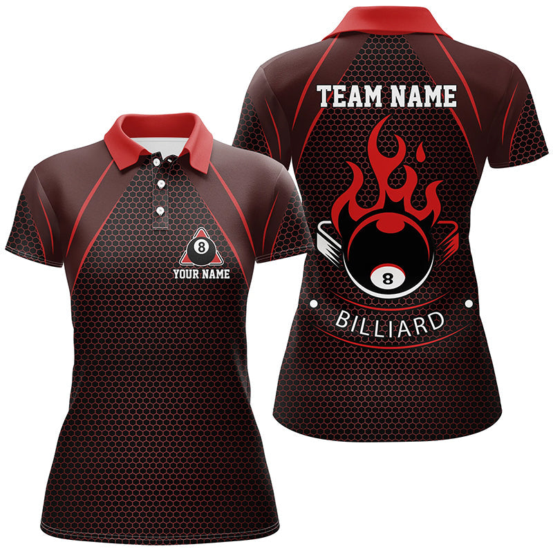 Personalized Red Fire 8 Ball Pool Polo Shirts For Women, Custom Flame 8 Ball Billiard Team Shirts VHM0727
