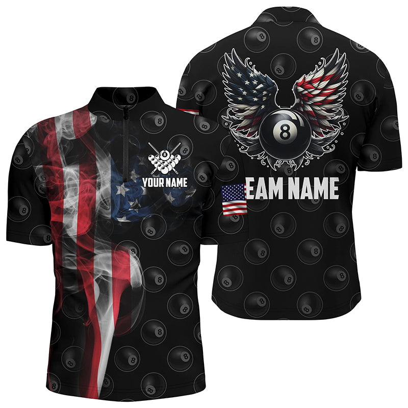 Personalized Smoke US Flag 8 Ball Billiard Quarter-Zip Shirts For Men, Funny Billiard Wings Jerseys VHM0998