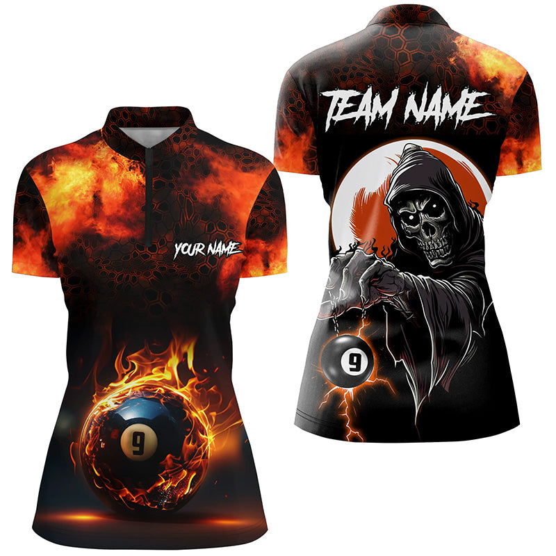 Personalized Flame 9 Ball Pool Billiard Quarter-Zip Shirt For Women Custom Skull Billiard Team Shirts VHM1124