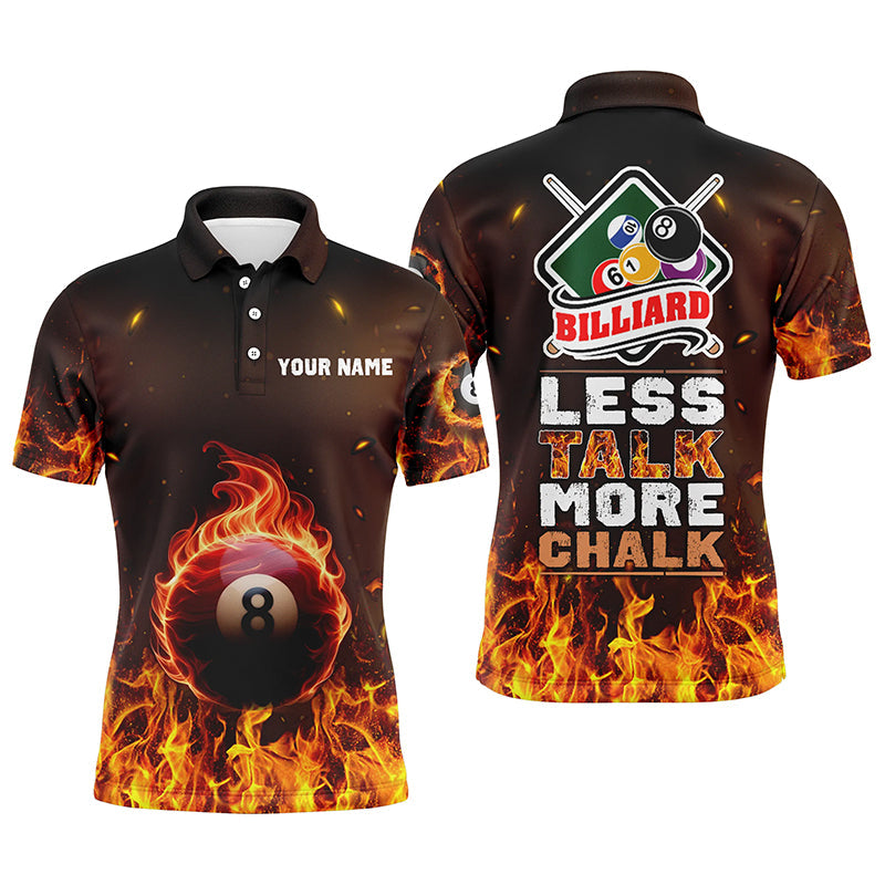 Personalized Less Talk More Chalk Billiard Polo Shirts For Men, Custom Fire 8 Ball Pool Shirts VHM0729