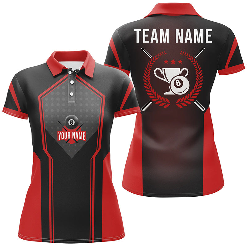 Personalized Red Black 8 Ball Pool Polo Shirts For Women, Custom 8 Ball Trophy Emblem Billiard Shirts VHM0730