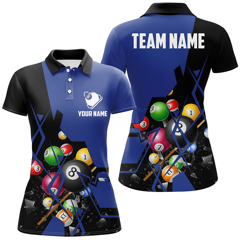 Personalized Blue Billiard Balls 3D Polo Shirts For Women, Custom 8 Ball Pool Billiards Jerseys VHM0752