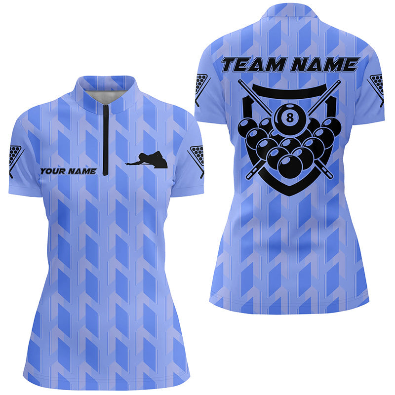 Personalized Blue 8 Ball Billiards 3D Quarter-Zip Shirts For Women, Custom Player Billiards Jerseys VHM0746