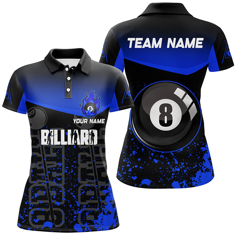 Personalized Blue Fire 8 Ball Pool Billiard Polo Shirts For Women, Custom 8 Ball Billiard Team Shirts VHM0581
