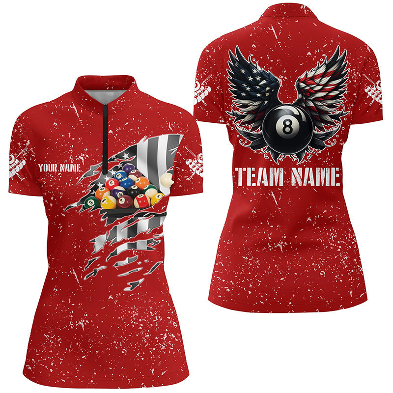 Personalized US Flag Billiard Balls 3D Quarter-Zip Shirts For Women, Red 8 Ball Pool Wings Jerseys VHM1008