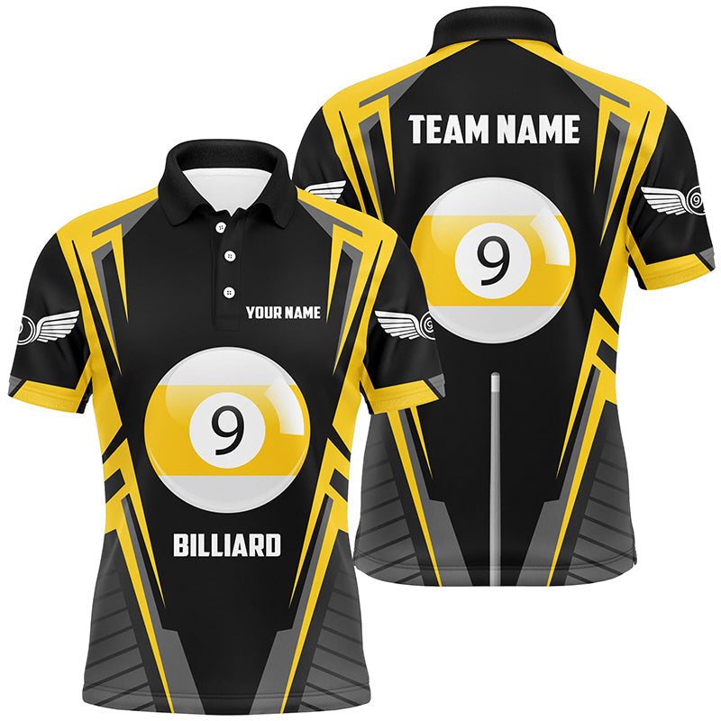 Personalized Black Yellow 9 Ball Pool Polo Shirts For Men, Custom 9 Ball Pool Billiards Team Shirts VHM0612