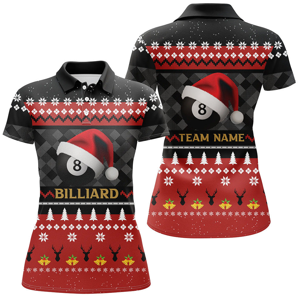 Personalized Funny Christmas 8 Ball Pool With Santa Claus Hat Billiard Polo Shirts For Women VHM0652